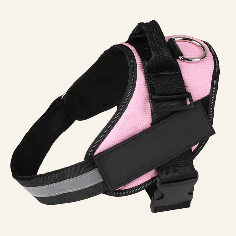 Pink dog harness with black straps and reflective material on a white background