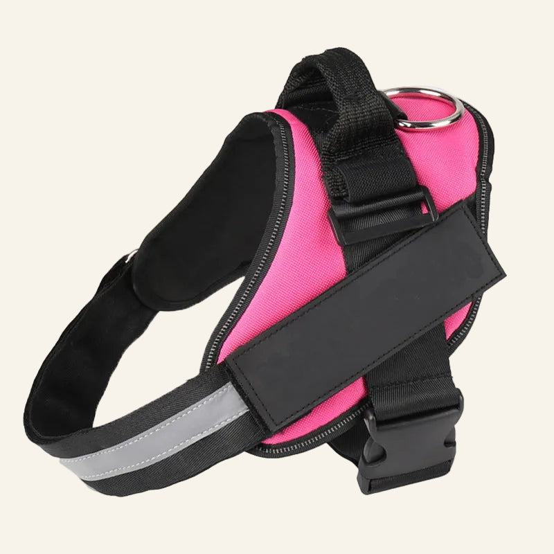 Pink dog harness with black straps and reflective strip on a white background