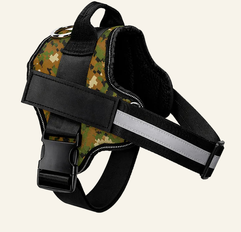 Dog harness with camouflage pattern and reflective strip on a white background