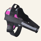 Black dog harness with reflective stripes on a white background