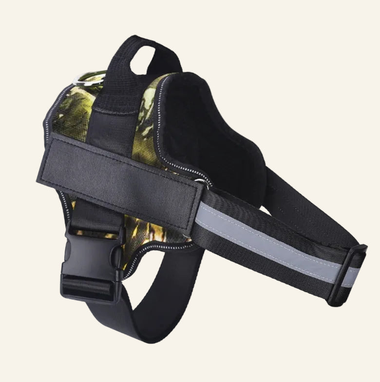 Black dog harness with reflective strip on a white background